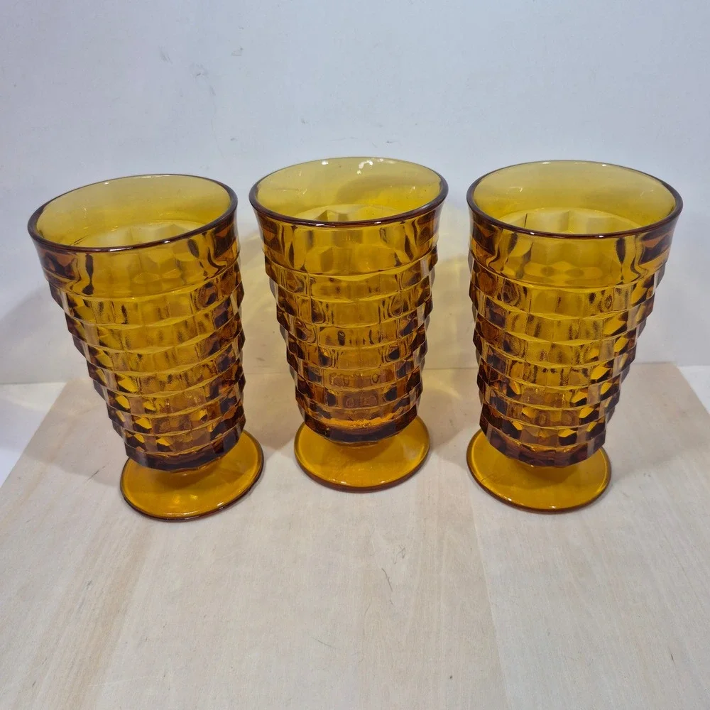 Vintage Amber Glass Footed Tumblers Set of 3 Textured Waffle Pattern 6 Inch